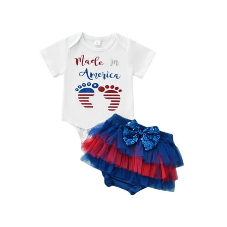

Seyurigaoka Baby Summer 2PCS Romper Letters Footprint Short Sleeves Envelope Neck Snap Romper Tulle Layers Ruffle Triangle Pants