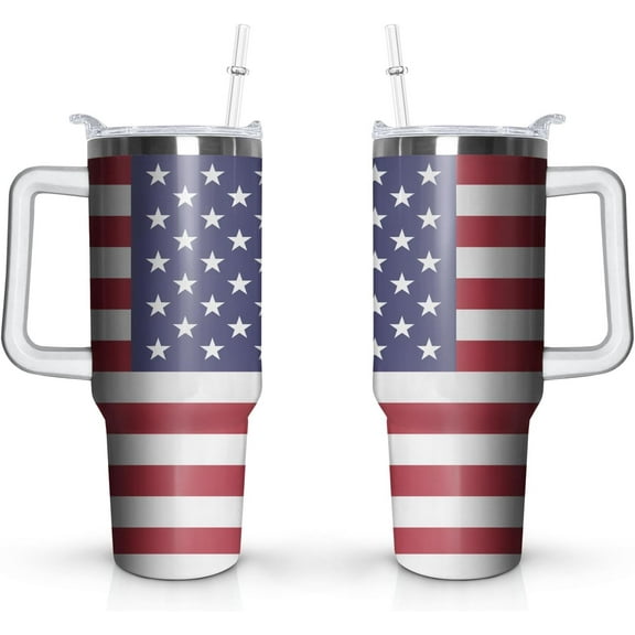 40oz American Flag Tumbler With Handle and Straw, Gifts For Memorial Day Veterans day Independence day, Patriots Coffee Mug Water Bottle, Labor Day Stainless Steel Insulated Cup