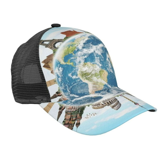 Lsque World Travel Printed Trucker Hat - Baseball Cap for Men Women - Breathable Mesh Side, Adjustable Fit - for Casual Wear