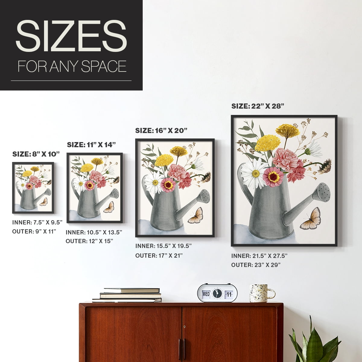 Watering Can Bouquet II Framed Print in Black Solid Wood 16 x 20 Framed Print