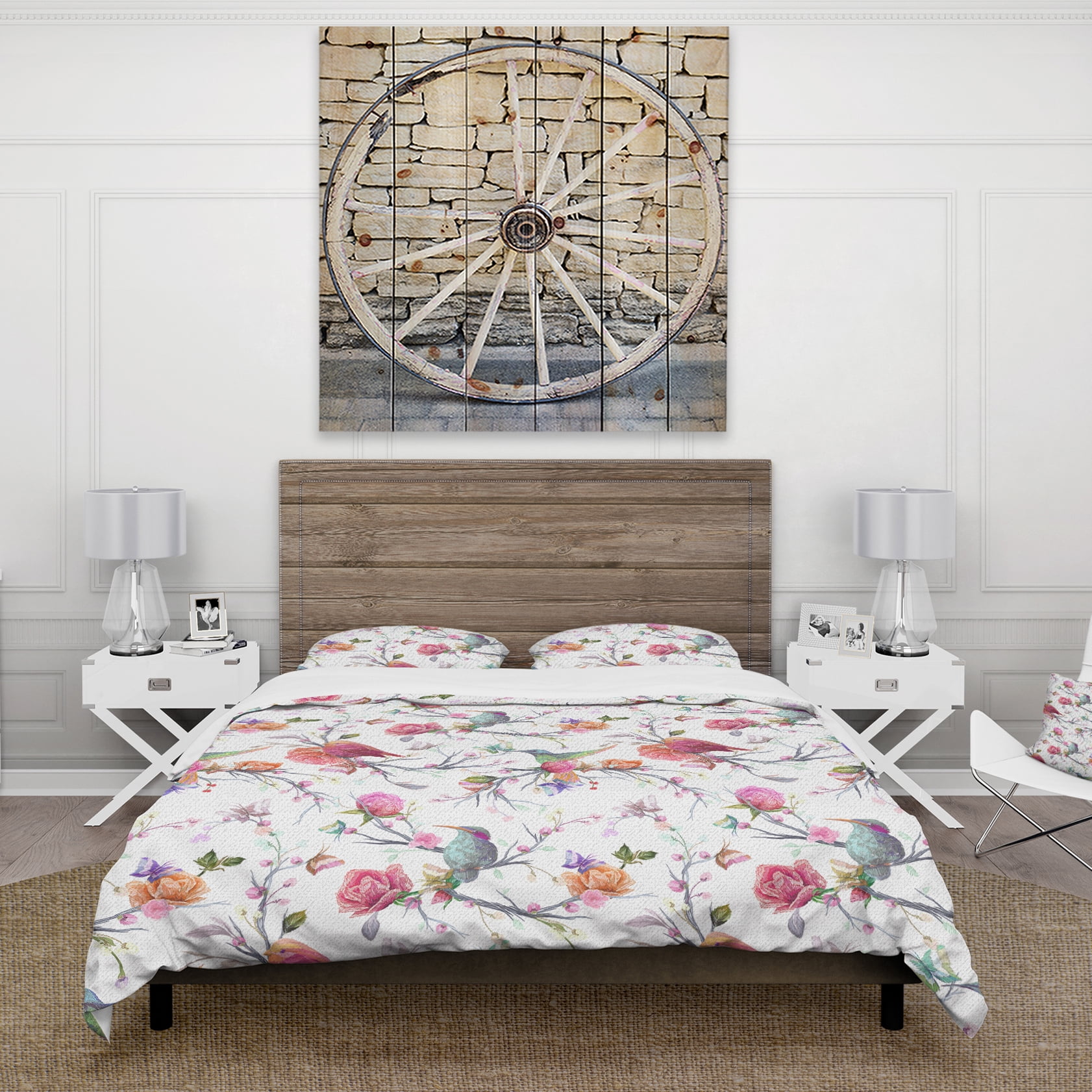Designart 'Vintage Pattern: Bird, Flowers, Leaves' Farmhouse Duvet Cover Set