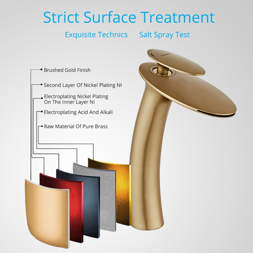 Wovier Matte Gold Waterfall Bathroom Sink Faucet with Supply Hose,Single Handle Single Hole Vessel Lavatory Faucet,Slanted Body Basin Mixer Tap Tall Body