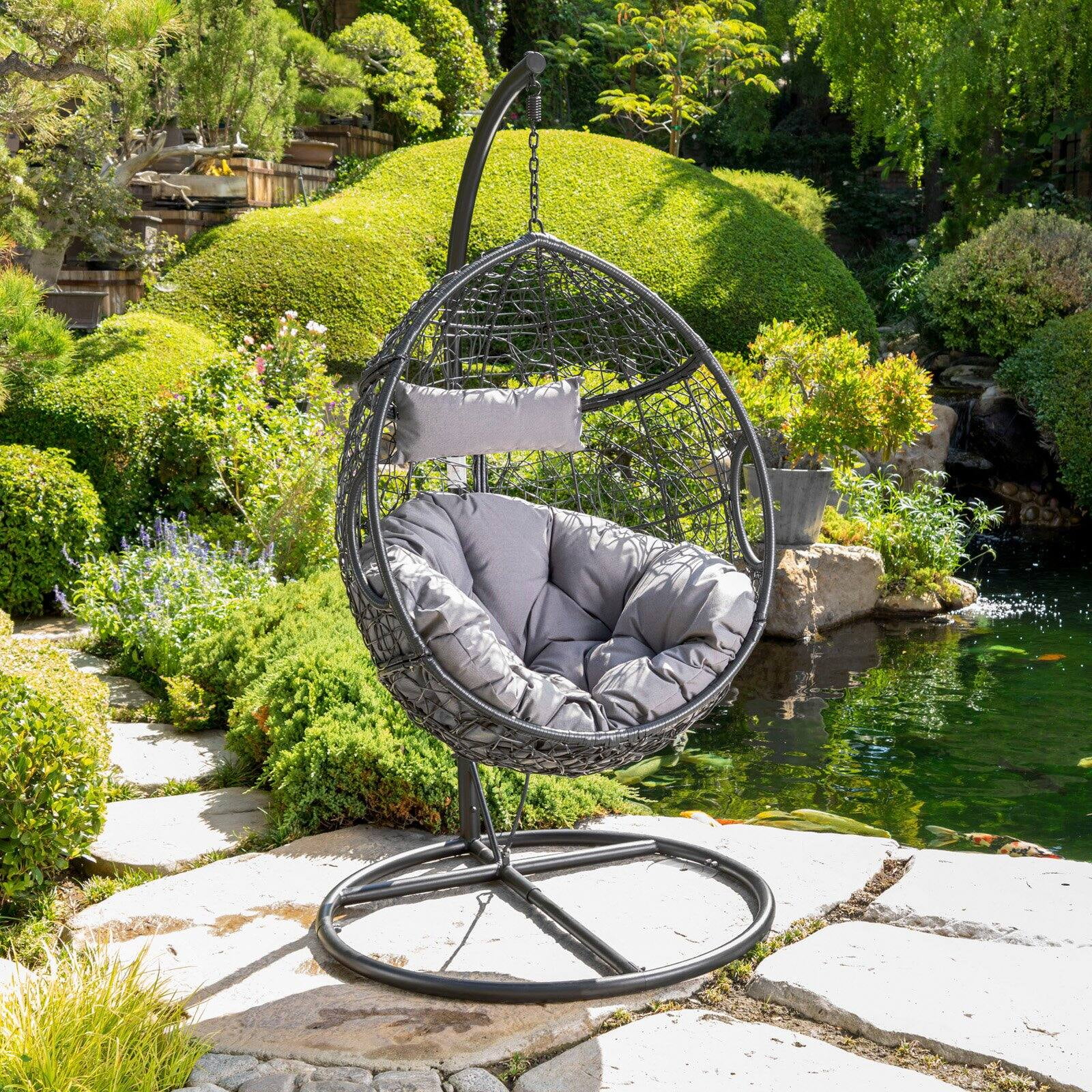 Katelyn Outdoor Black Wicker Hanging Basket Chair with Stand - Walmart.com