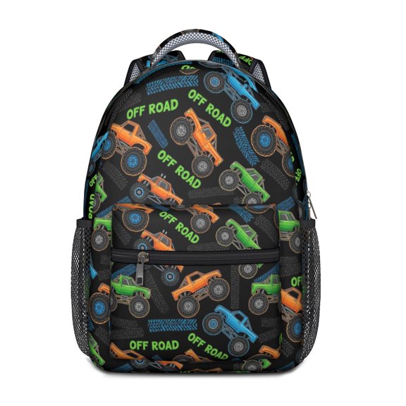 Monster Cartoon Truck Black Pattern Backpack for School, Cute School Bag with Adjustable Shoulder Straps and Padded Back, 15.3"x11"x6.7"
