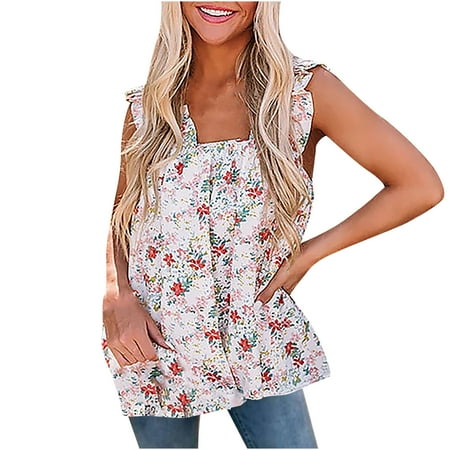 

YFPWM Polluver Women Nursing Tops Bustier Tops Concert Tops Linen Shirts Floral Square Neck Sleeveless Shirt
