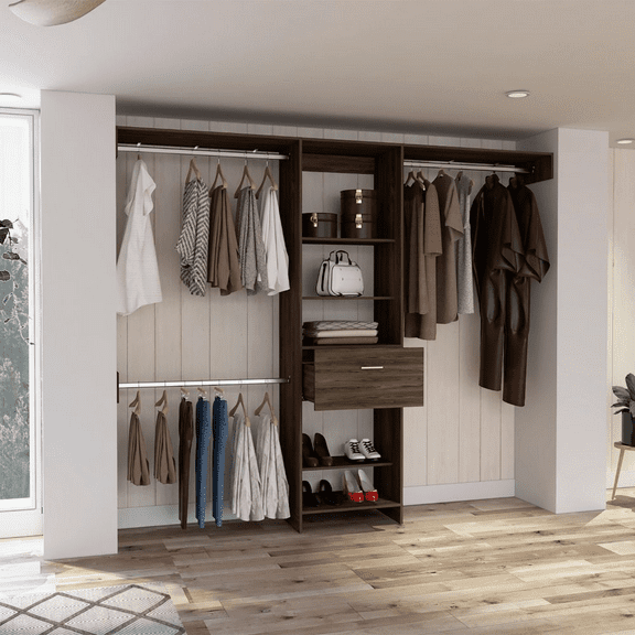 We Have Furniture 250 Closet System British, One Drawer, Three Metal Rods, Dark Walnut Finish