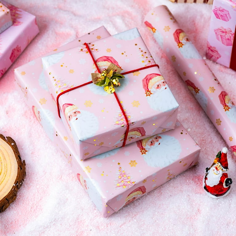 HOMERAL Christmas Wrapping Paper Roll - Pink Gift Wrap with Santa Claus Head, Snowflake, Gift Box, Christmas Tree - Perfect for Christmas - 17 Inch X 33 Feet