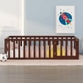 thumbnail image 2 of Twin Size Wood Floor Bed with Door & Fence, Montessori Bed Frame with Full Length Safety Guardrails, Wood Twin Bed with Slats, No Box Spring Needed-Walnut, 2 of 9