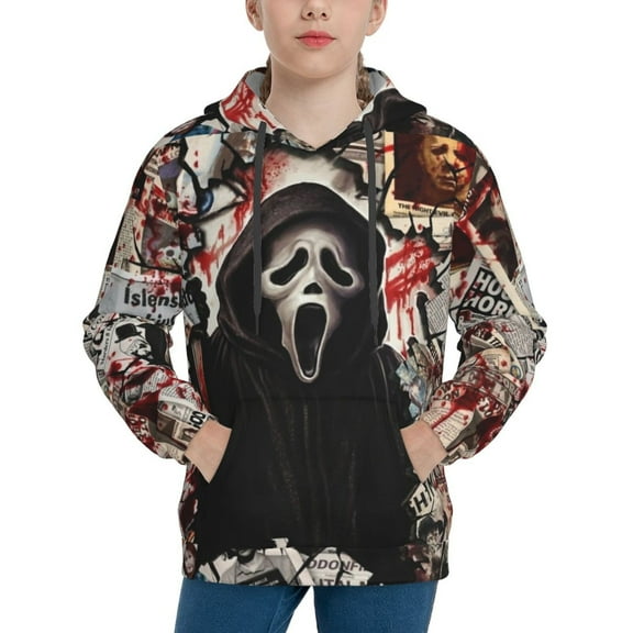 Ghostface Hoodie Lightweight Pullover Halloween Graphic Hooded Sweatshirt for Girls Boys with Pocket Small