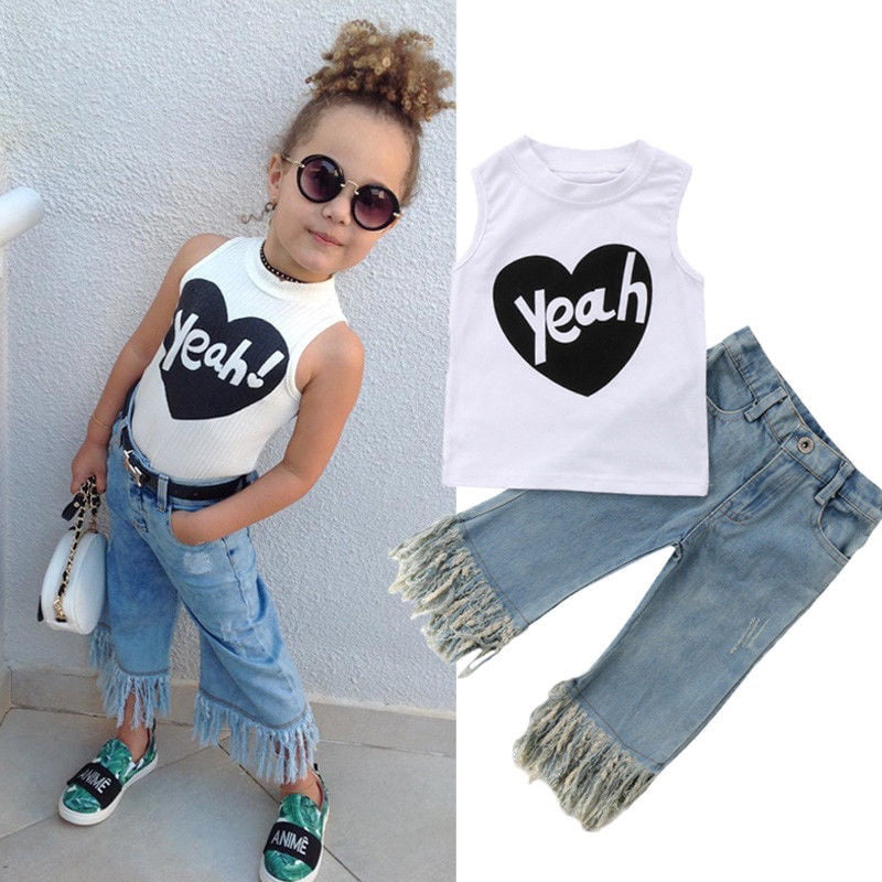 Toddler Baby Girls Clothes Set Sleeveless Tops Denim Pants Summer Casual Outfits 