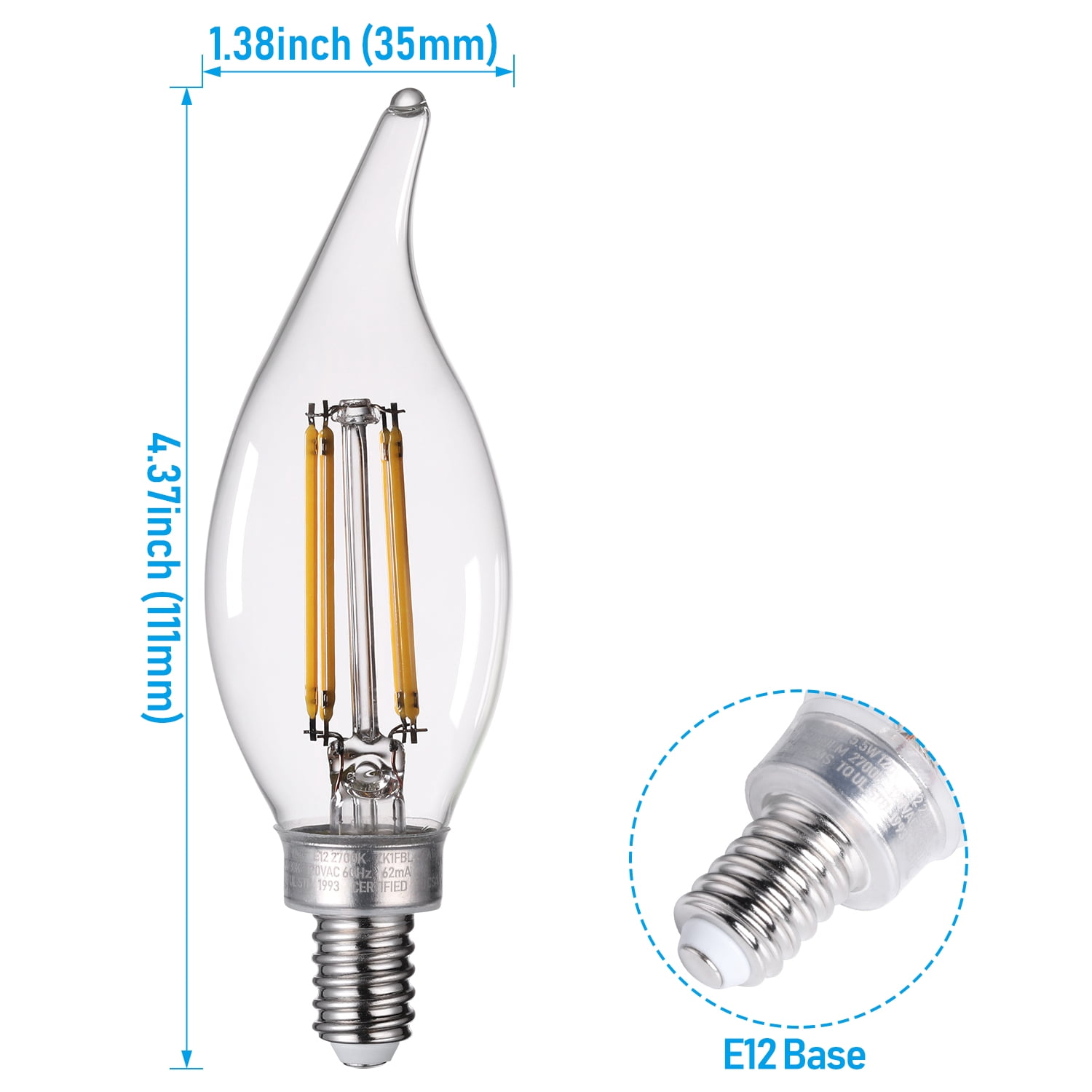6 Pack Dimmable E12 LED Candelabra Bulbs, Chandelier Light Bulbs CA11, FCC&ETL Listed, Flame Tip Light Bulbs, 5.5W(60W Eqv.), Ceiling Fan Light Bulb, Clear Glass, 2700K Soft White