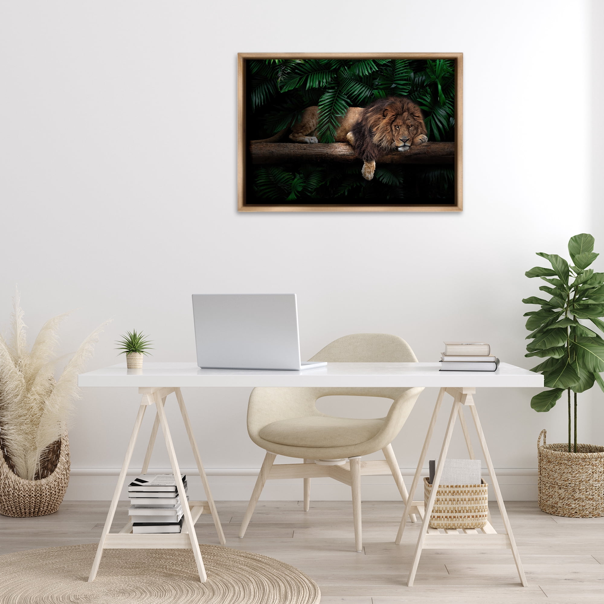 Stupell Industries Lion on Tropical Branch Animals Painting Brown Floater Framed Canvas Art Print Wall Art, 31 x 21