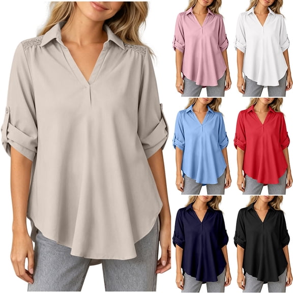 Bixock Plus Size Women 3/4 Length Sleeve Tops Maternity Shirts Linen Blouse Solid Color V Neck Roll Long Sleeve Lace Loose Wide Casual Daily Top