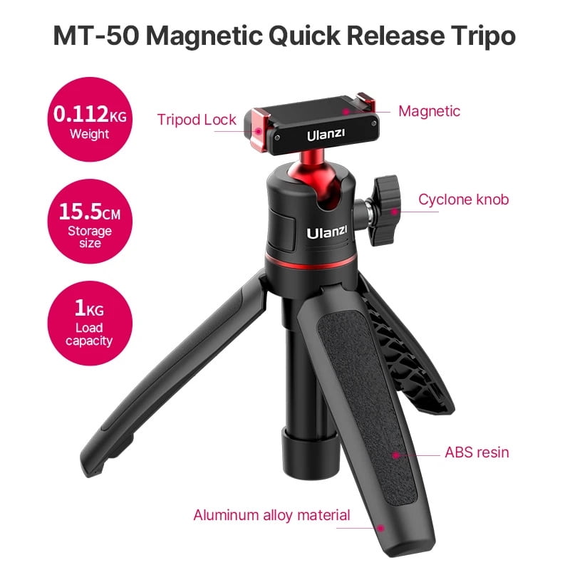 Ulanzi MT-50 Magnetic Selfie Stick Tripod Stand Portable For DJI Osmo Action 4/3/2, Extendable Height 360° Rotatable Ballhead 3-section