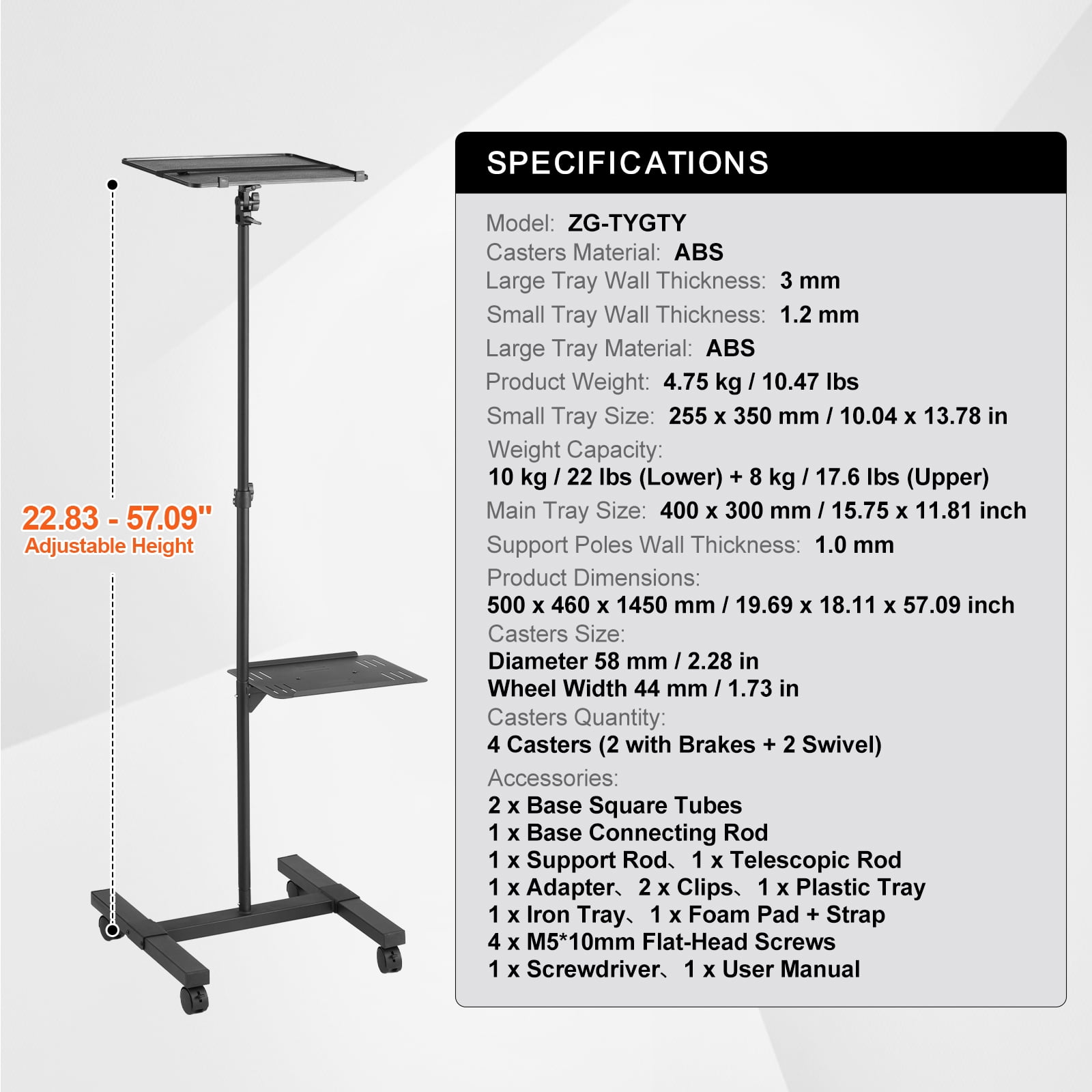 KFFKFF Mobile Projector Stand, Flexible Projector Floor Stand with Height Range of 22.8 to 57.3 inches, Projector Holder with Dual Platforms, Suitable for Outdoor Cinema, Household, Workplace