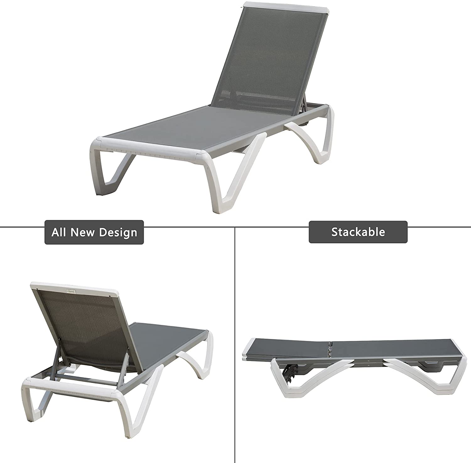 Domi Patio Chaise Lounge Chair Set of 3,Outdoor Aluminum Polypropylene Sunbathing Chair with Adjustable Backrest,Side Table,for Beach,Yard,Balcony,Poolside(2 Grey Chairs W/Table) - image 5 of 8