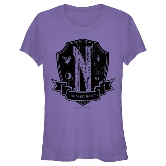 Junior's Wednesday Nevermore Academy Distressed Emblem  Graphic Tee Purple X Large