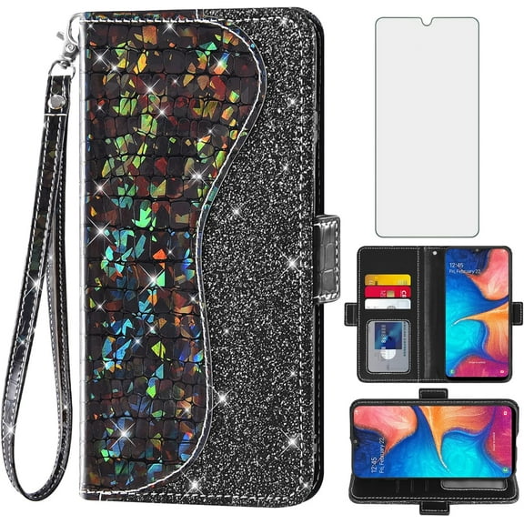 Phone Case for Samsung Galaxy A20 A30 Wallet Cover with Screen Protector and Wrist Strap Flip Card Holder Bling Glitter Stand Cell Glaxay M10s A 20 30 Gaxaly 20A SM A205G Women Girls Black