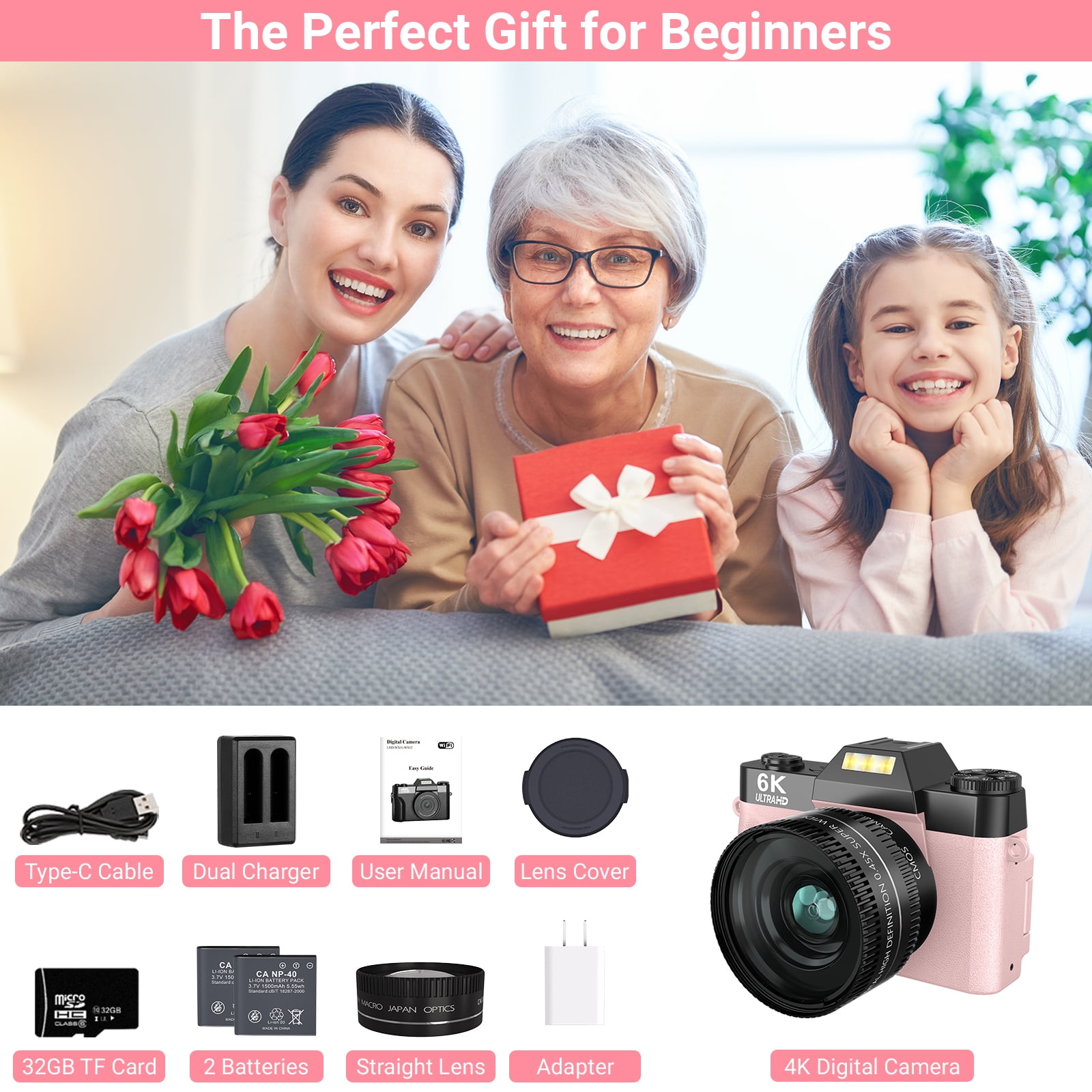 Saneen Digital Camera 6K 64MP Wifi Vlogging Cameras for YouTube 3''180° Flip Screen 16X Zoom 32GB SD Card 52mm Lens Pink