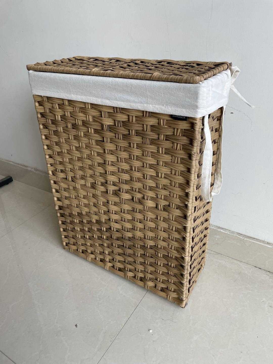 LEDREM Foldable Rattan Laundry Hamper with Removable Liner & Lid - 14.5 Gallon (55L) Storage, Space-Saving Design, Handles for Easy Carry, Waterproof & Ventilated, Goose Yellow