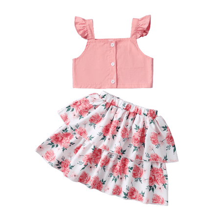 

Mikrdoo Baby Girls Clothes Summer Straps 12 Months Girls Tops Floral Print 24 Months Girls Skirts 2Pcs OOTD Pink