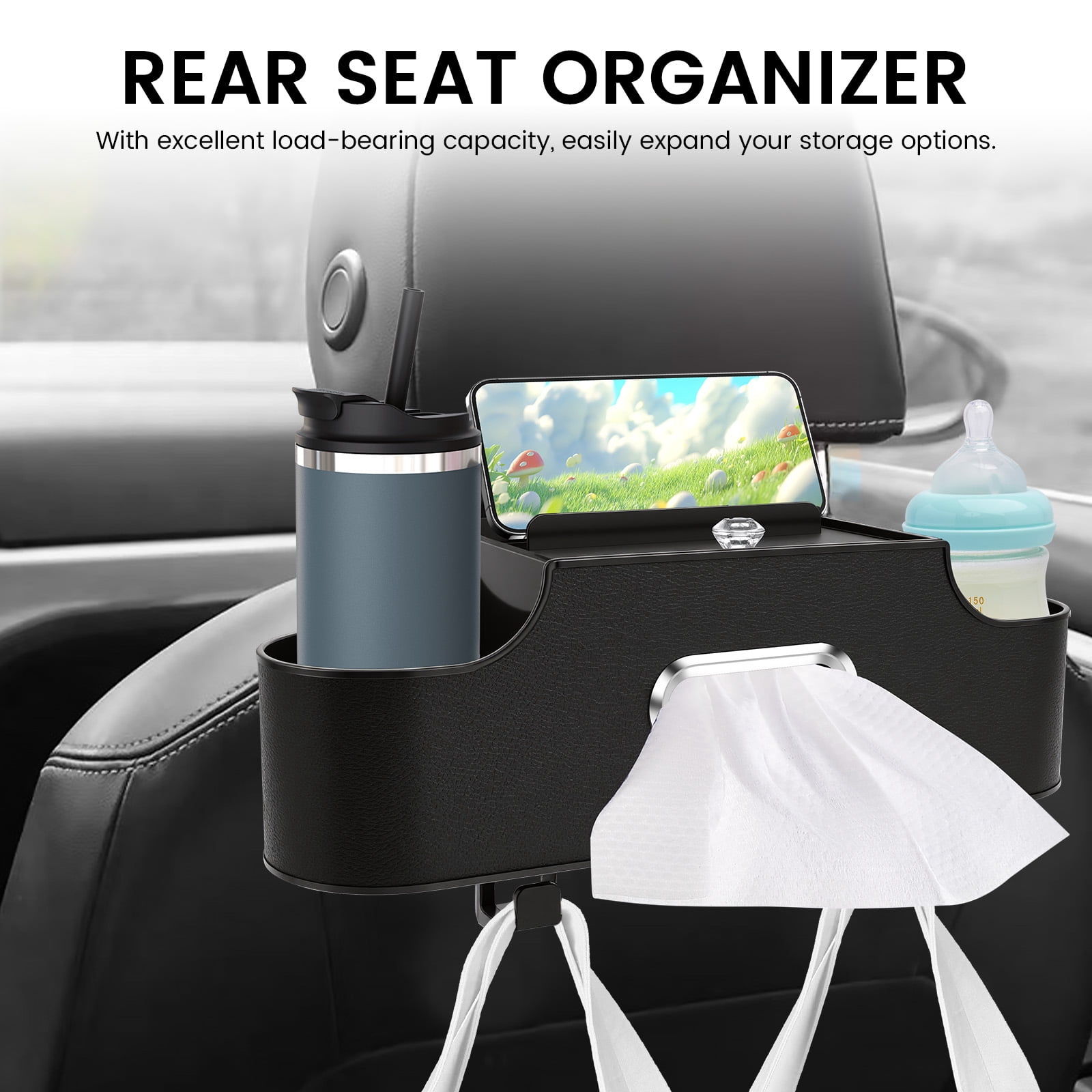 2Pcs Car Headrest Back Seat Organizer Multifunctional Vehicle Backseat Tissue Cup Holder with Hook for Most SUV MPV Pickup Truck