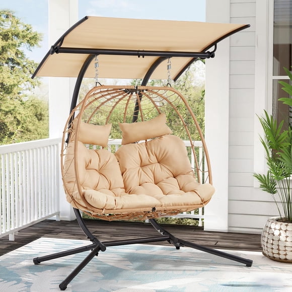 Fauteuil Oeuf Double avec Auvent Ajustable, Chaise Balançoire Suspendue, Fauteuil Hamac avec Coussin Panier Hamac Nid, Causeuse Balançoire pour Patio Extérieur, Balcon, Jardin, Moyen