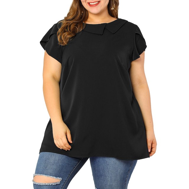 GRACE & GRANDEUR Women's Plus Size Boat Neck Flutter Sleeve Chiffon Tops