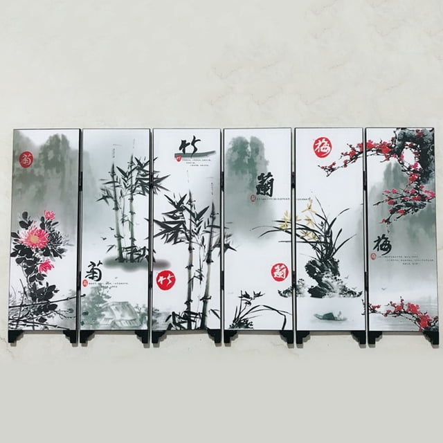 Luckyn 6 Panel Flower Bamboo Screen,Traditional Foldable Portable Room Divider,Plum Orchid, Bamboo and Chrysanthemum Partition Divider Privacy Screen Business Gift