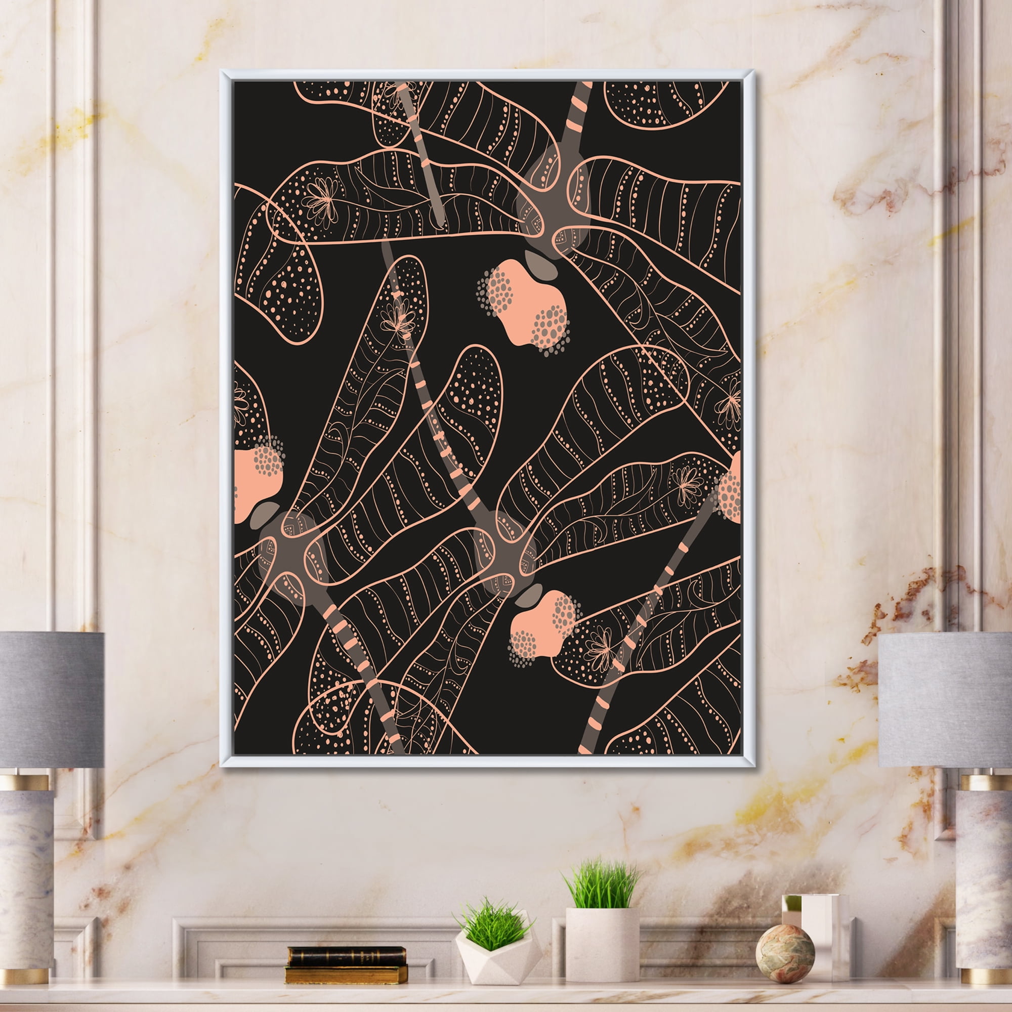 Designart 'Dragonflies With Folk Art Seamless Pattern' Bohemian & Eclectic Framed Canvas Wall Art Print