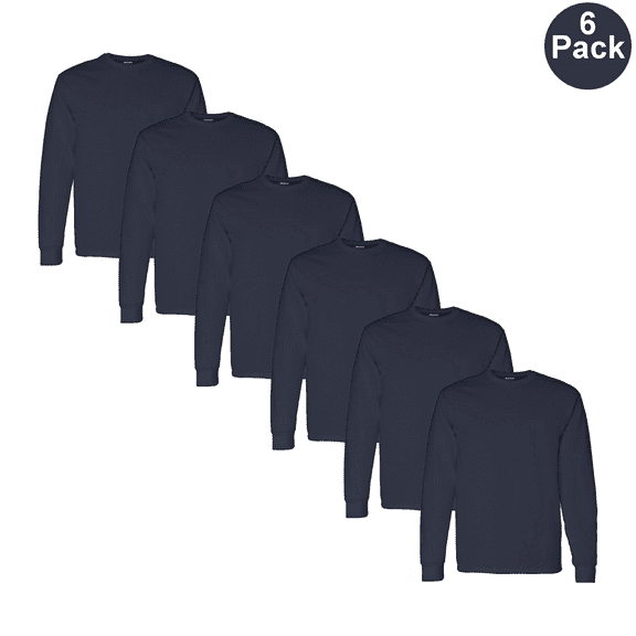 Gildan Men's Long Sleeve T-Shirt, Heavy Cotton Durable Crew Neck Classic Fit Tee, Navy, S, 6 Pack