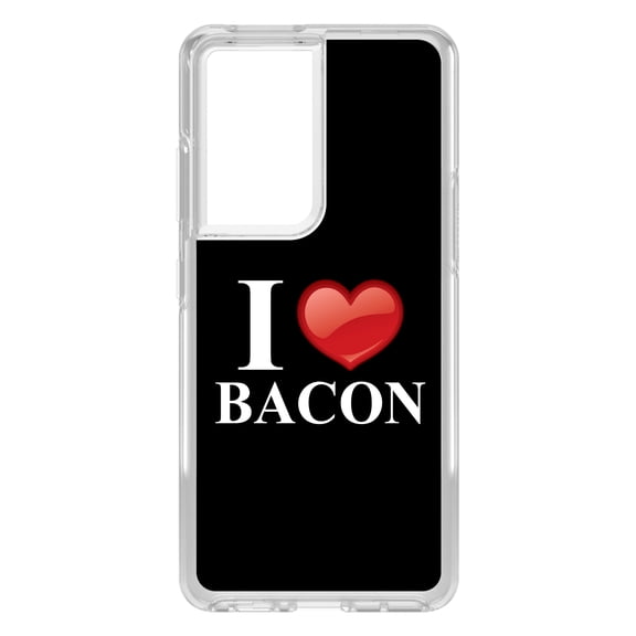 DistinctInk Clear Shockproof Hybrid Case for Galaxy S21 ULTRA 5G (6.8" Screen) - TPU Bumper, Acrylic Back, Tempered Glass Screen Protector - Black White Red I Heart Bacon - Love of Bacon