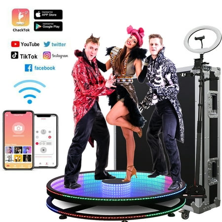 MWE 360 Photo Booth Machine Automatic Rotation, 39.4 Inch Tempered Glass Remote Control/APP Free Battery + Ring Light Power Supply (Flight Case)