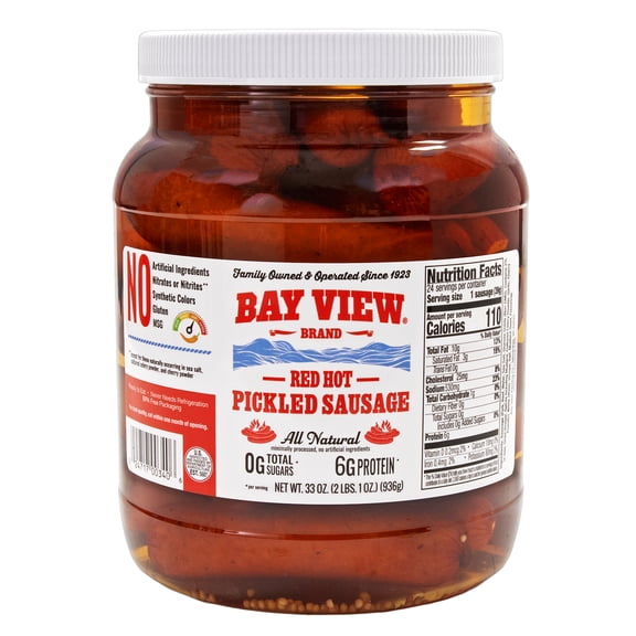 Bay View Brand Red Hot Pickled Polish Sausage (Two 32 Ounce Jars) Bar Tavern Food
