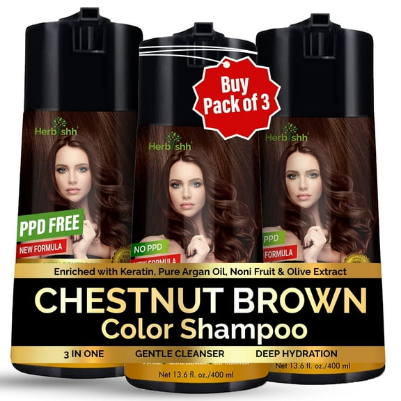 Herbishh Chestnut Brown Pack of 3, PPD-Free Hair Color Shampoo for Gray Hair, Hair Dye Shampoo 3 in 1, 100% Gray Coverage, Permanent Hair Color for Men & Women, Ammonia-free, 400 ml
