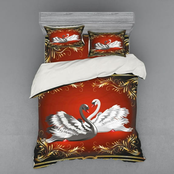 Ambesonne Animal Bedding Set 4 Pcs, Romantic Swan Couple, Queen, Multicolor