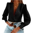thumbnail image 2 of Long Sleeve Women V-Neck Blouse Female Lady Button Silk Shirt Tops, 2 of 5