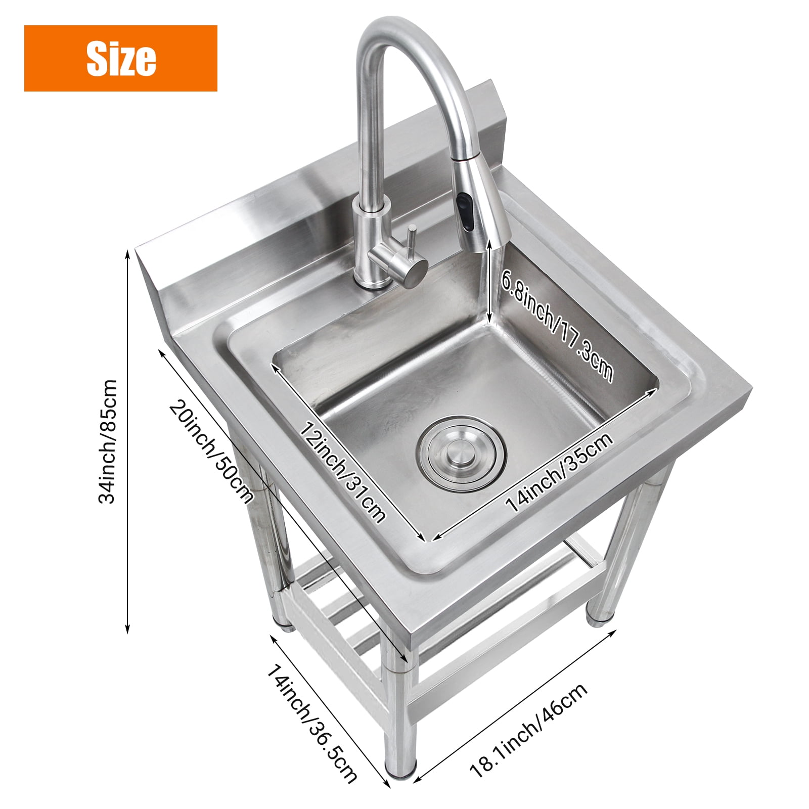 Stainless Steel Utility Sink, Freestanding Single Bowl Kitchen Sink with Cold and Hot Water Pipes/Pull-Out Faucet/Storage Shelf, Commercial Laundry Sink for Indoor Outdoor