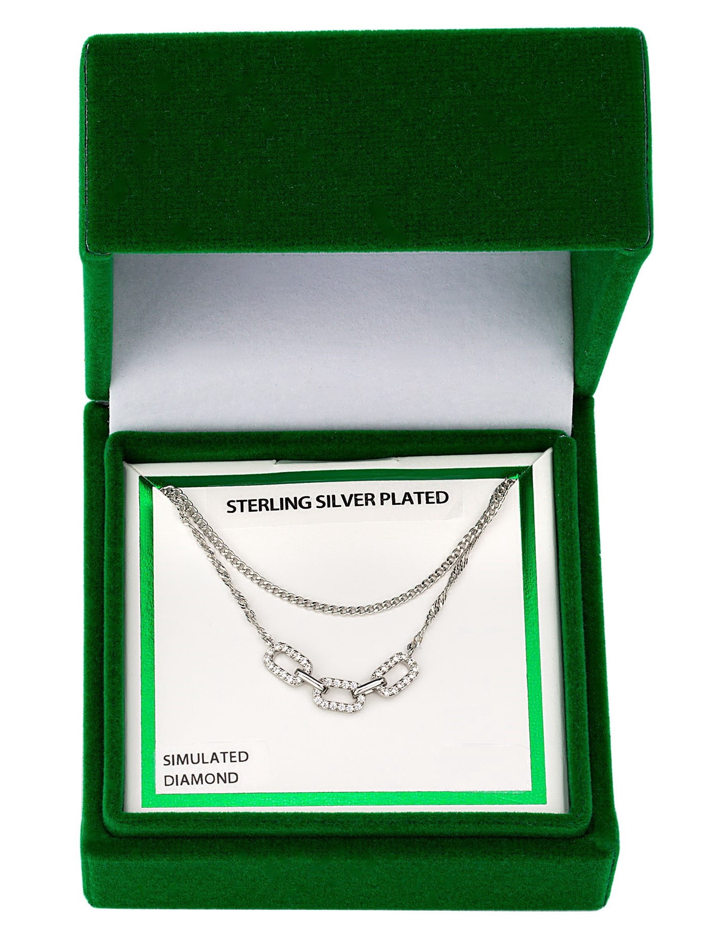 Women's Adult Fine Silver Plated Link Double Necklace Set with Simulated Diamonds
