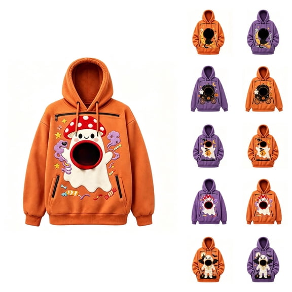 Halloween Pet Pouch Hoodie Men Women Long Sleeve Cute Graphic Loose Hooded Sweatshirt Pullover Tops Dog Cat Carrier Hoodie