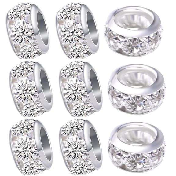 40pcs 10 mm Silver European Rhinestone Spacer Beads Brass Large Hole Beads Round Rondelle Loose Charm Beads for Snake Chain Bracelet Necklace Jewelry Making Supplies, Hole: 5.5 mm