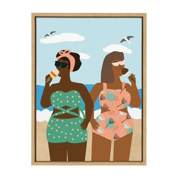 Kate and Laurel Sylvie Ice cream on the Beach Framed Canvas Wall Art by Queenbe Monyei, 18x24 Natural, Chic Feminine Art for Wall