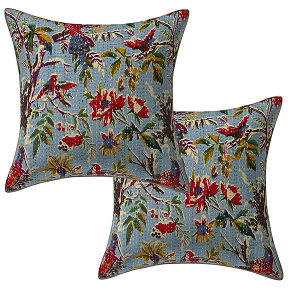 Stylo Culture Ethnic Settee Sofa Throw Pillow Covers 16x16 Kantha Grey Printed 40x40 cm Bedroom Decor Pillowcase Cotton Bird Square Cushion Covers | Set Of 2