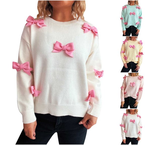 THDHVS Sweaters for Women,Womens Sweaters,Women's Long-Sleeve Round Neck Solid Color Jewelry Pullover Loose Knitted Sweater Green L