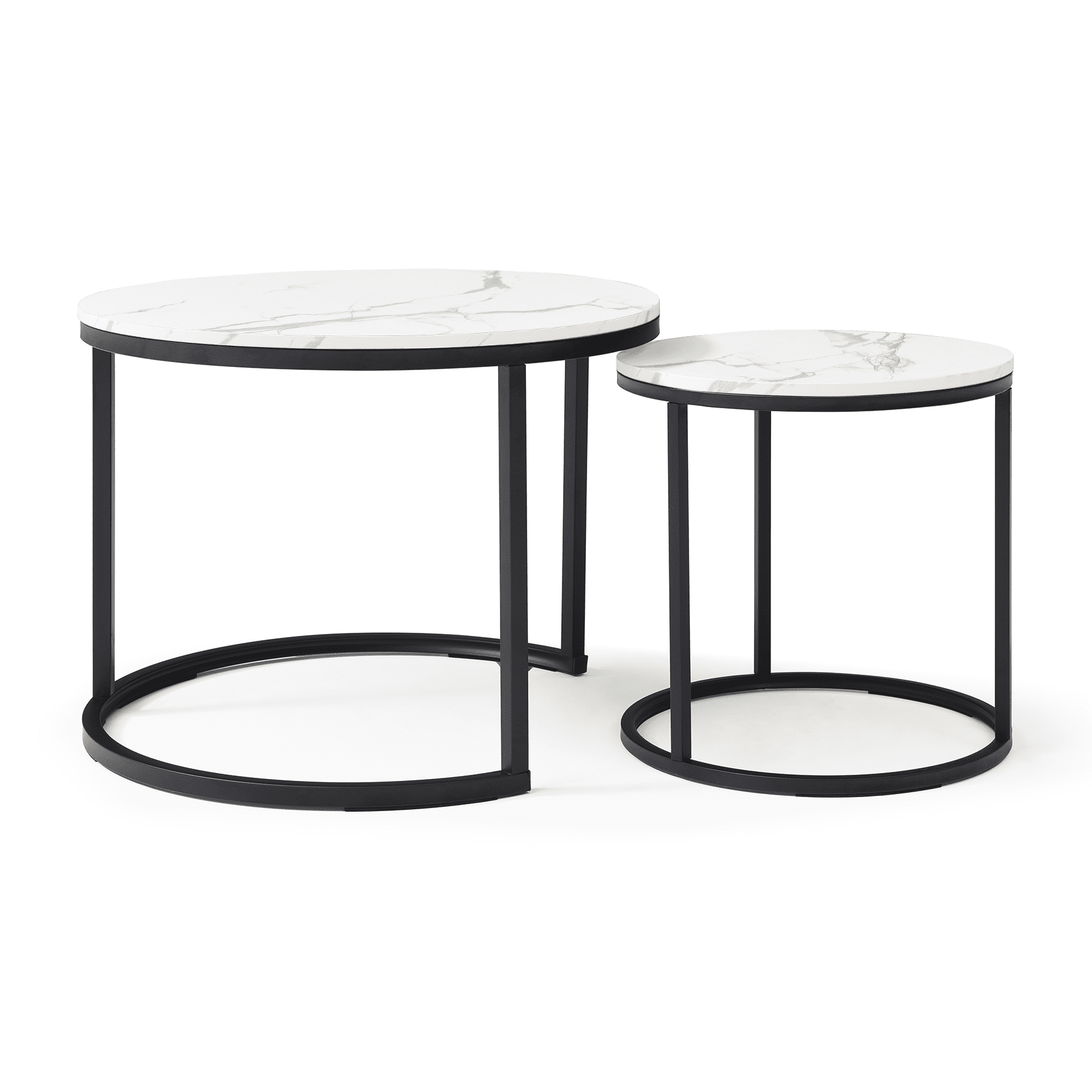 Set of 2 Nesting Round Coffee Tables, White & Marble Pattern Tabletop with Black Metal Frame, Modern Industrial Wooden Side Table, Accent Nightstand for Living Room Bedroom Apartment