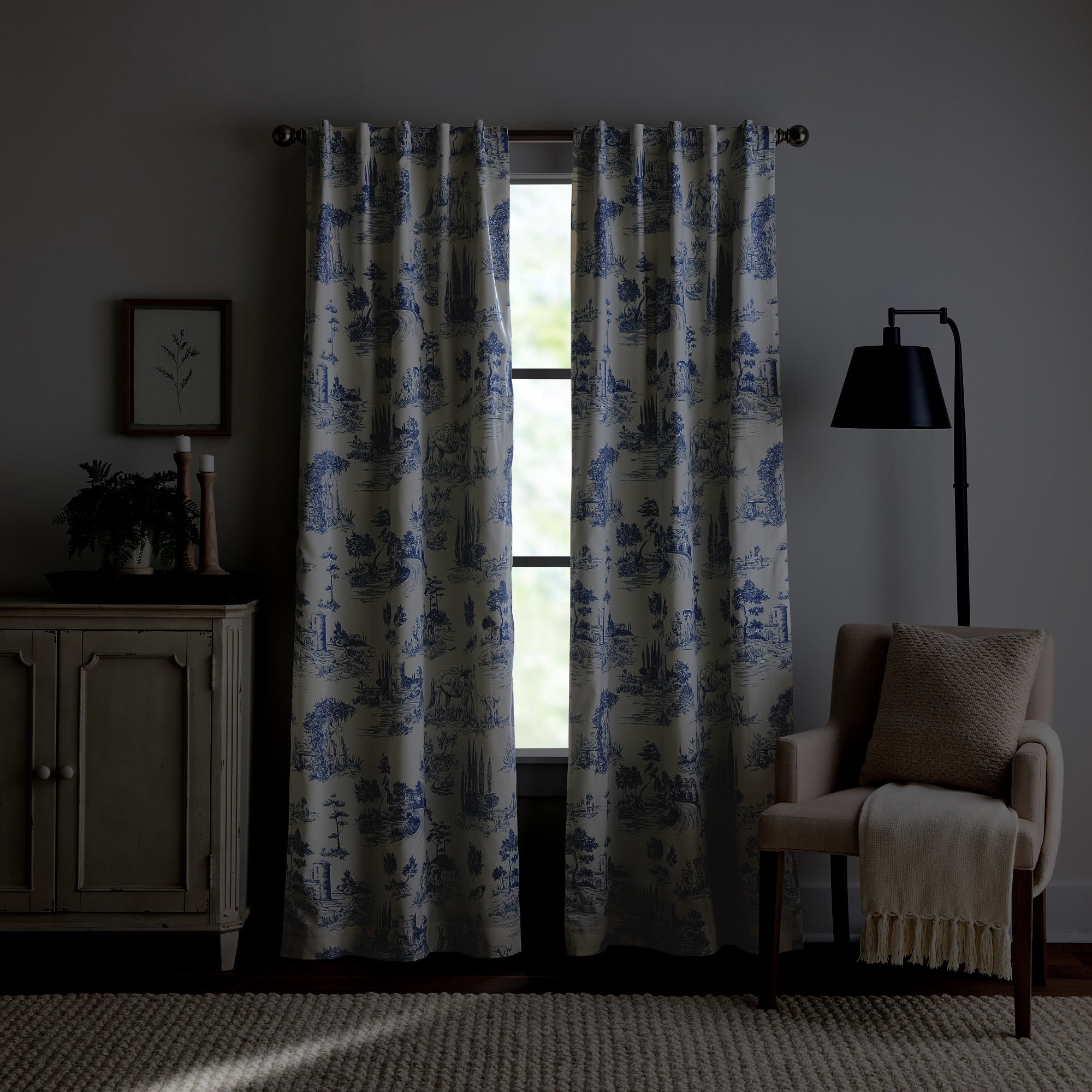 Martha Stewart Village Life Curtain Panel Pair, Blue, Back Tab, Blackout, Indoor, Adult, 2 Piece Set, 37" x 84"