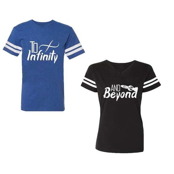 To Infinity & Beyond Unisex Couple Matching Cotton Jersey style T-Shirt Contrasting stripes on sleeves (Men Royal / Women Black) (Men S / Women S)