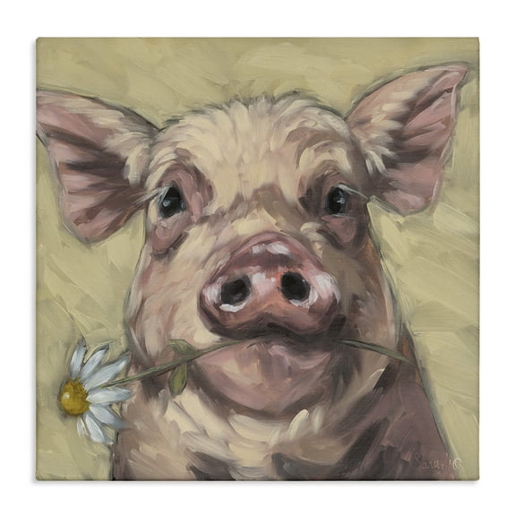 Stupell Industries Pig Holding Daisy Sprig Animals Painting Wrapped Canvas Canvas Art Print Wall Art, 17 x 17