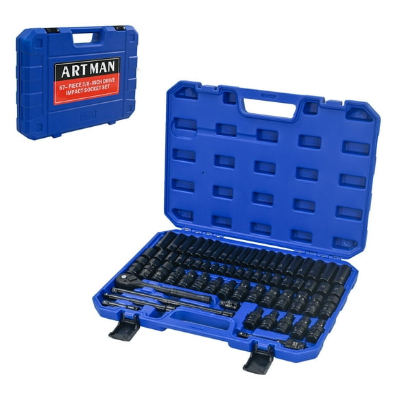 Mechanics Tool Box Air Tool and Accessories Kit, 67 Pieces, Long and Short Sets, Universal Short Sets, Extension Rods, Pneumatic Universal Connectors, Ratchet Wrenches, Quick Couplings-Black,Blue,Too
