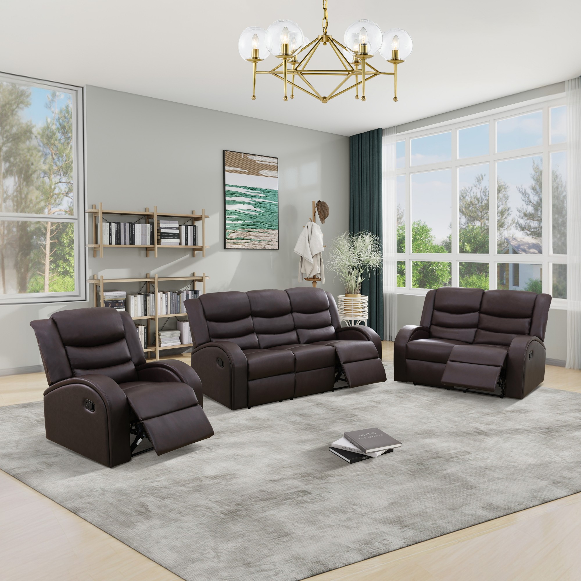 Gewnee Brown 3-Piece Living Room Recliner Sofa Set with Air Leather & Solid Wood Frame, Double-Layer Springs, Suitable for Living Room